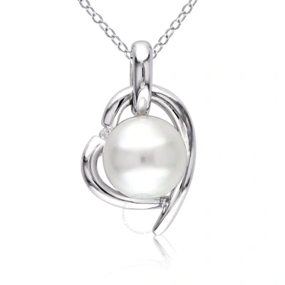 Amour 8.5 - 9 Mm White Cultured Freshwater Pearl And Diamond Heart Pendant With Chain In Sterling Si