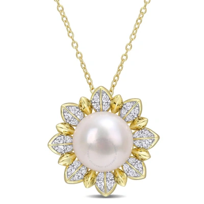 Amour 8.5-9 Mm Cultured Freshwater Pearl And 1 Ct Tgw White Topaz Floral Pendant With Chain In Yello In Yellow