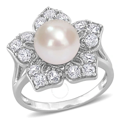 Amour 8.5-9mm Freshwater Cultured Pearl And 1 1/3 Ct Tgw Created White Sapphire Floral Pearl Ring In