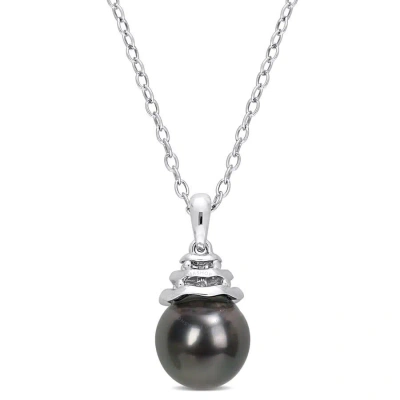 Amour 8.5-9mm Freshwater Cultured Pearl And 1 1/3 Ct Tgw Created White Sapphire Floral Pendant In St