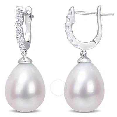 Amour 8.5-9mm Freshwater Cultured Pearl And 1/5 Ct Tgw Cubic Zirconia Drop Cuff Earrings In Sterling In White