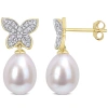 Amour 8.5-9mm Freshwater Cultured Pearl And 1/8 Ct Tdw Diamond Butterfly Drop Earrings In 10k Yellow In Yellow