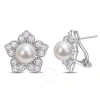 AMOUR AMOUR 8.5-9MM FRESHWATER CULTURED PEARL AND 2 3/4 CT TGW CREATED WHITE SAPPHIRE FLORAL EARRINGS IN S