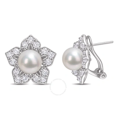 Amour 8.5-9mm Freshwater Cultured Pearl And 2 3/4 Ct Tgw Created White Sapphire Floral Earrings In S