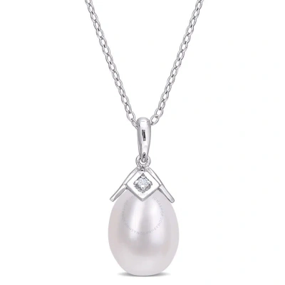 Amour 8.5-9mm Freshwater Cultured Pearl And Created White Sapphire Drop Pendant With Chain In Sterli