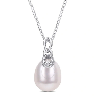 Amour 8.5-9mm Freshwater Cultured Pearl And Diamond Accent Drop Pendant With Chain In Sterling Silve In White