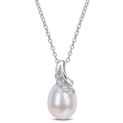 Amour 8.5-9mm Freshwater Cultured Pearl And Diamond Accent Drop Pendant With Chain In Sterling Silve In White