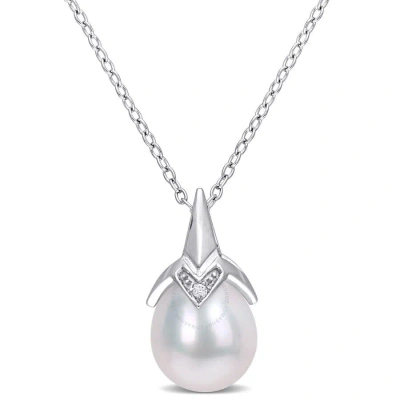 Amour 8.5-9mm Freshwater Cultured Pearl And Diamond Accent Drop Pendant With Chain In Sterling Silve In White