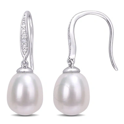Amour 8.5-9mm Freshwater Cultured Pearl And Diamond Accent Shepherd Hook Earrings In Sterling Silver In White