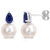 AMOUR AMOUR 8.5-9MM WHITE FRESHWATER CULTURED PEARL AND 1 1/3 CT TGW CREATED BLUE SAPPHIRE STUD EARRINGS I