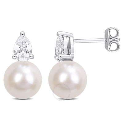 Amour 8.5-9mm White Freshwater Cultured Pearl And 1 1/3 Ct Tgw Created White Sapphire Stud Earrings