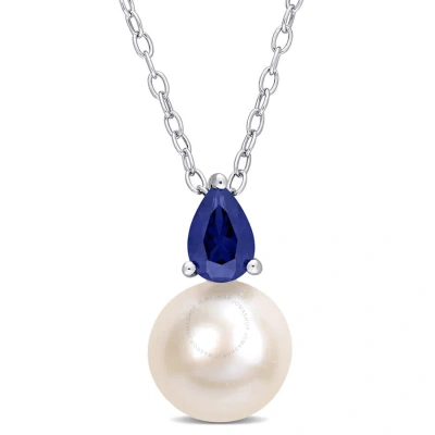 Amour 8.5-9mm White Freshwater Cultured Pearl And 5/8 Ct Tgw Created Blue Sapphire Solitaire Pendant