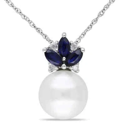 Pre-owned Amour 8.5 - 9 Mm Cultured Freshwater Pearl, Diamond And Sapphire Floral Pendant In White