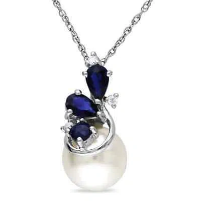 Pre-owned Amour 8.5 - 9 Mm White Cultured Freshwater Pearl, Diamond And Sapphire Pendant