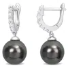 Amour 8.5-9mm Black Tahitian Pearl And 3/8 Ct Tgw White Topaz Drop Cuff Earrings In Sterling Silver In White
