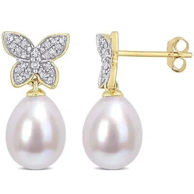 Pre-owned Amour 8.5-9mm Freshwater Cultured Pearl And 1/8 Ct Tdw Diamond Butterfly Drop In Yellow