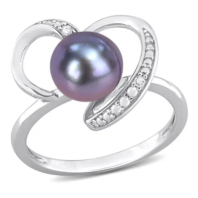 Amour 8-8.5mm Black Freshwater Cultured Pearl And Diamond Accent Heart Ring In Sterling Silver In ["white"]