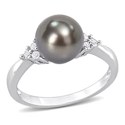 Amour 8-8.5mm Black Tahitian Pearl And 1/8 Ct Tdw Diamond Ring In Sterling Silver In ["white"]