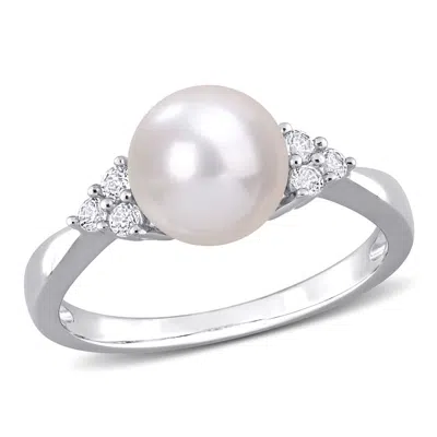 Amour 8-8.5mm Cultured Freshwater Pearl And 1/4 Ct Tgw White Topaz Ring In Sterling Silver In ["white"]