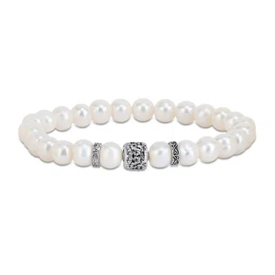 Amour 8-9mm Cultured Freshwater Pearl Stretchable Bracelet With Silvertone Rondelles - 9 In In White