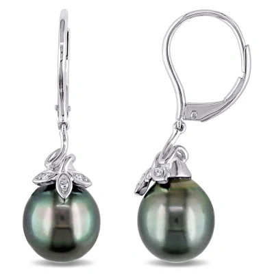Amour 9 - 10 Mm Black Tahitian Cultured Pearl And Diamond Cluster Leaf Leverback Earrings In 10k Whi In Metallic