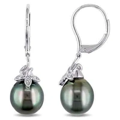 Pre-owned Amour 9 - 10 Mm Black Tahitian Cultured Pearl And Diamond Cluster Leaf Leverback In White