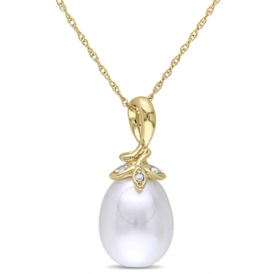 Amour 9 - 10 Mm Cultured Freshwater Pearl And Diamond Twist Pendant With Chain In 10k Yellow Gold