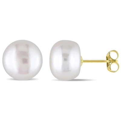Amour 9 - 10 Mm Cultured Freshwater Pearl Stud Earrings In 10k Yellow Gold In White