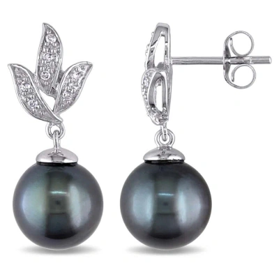 Amour 9 - 9.5 Mm Black Tahitian Cultured Pearl And 1/10 Ct Tw Diamond Earrings In 10k White Gold In Metallic