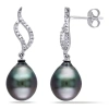 AMOUR AMOUR 9 - 9.5 MM BLACK TAHITIAN CULTURED PEARL AND 1/10 CT TW DIAMOND FLAME DROP EARRINGS IN 10K WHI