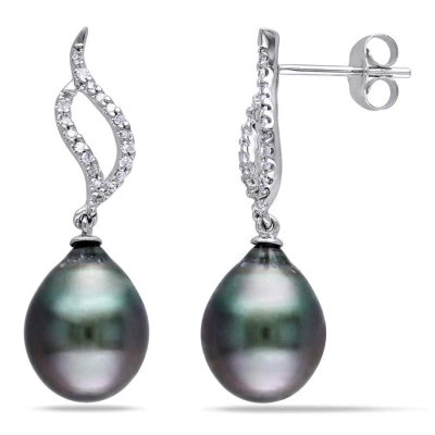 Amour 9 - 9.5 Mm Black Tahitian Cultured Pearl And 1/10 Ct Tw Diamond Flame Drop Earrings In 10k Whi In Multi