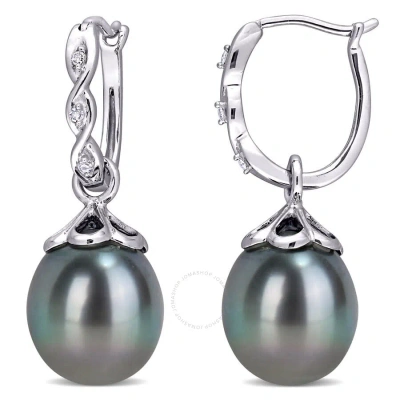 Amour 9 - 9.5 Mm Black Tahitian Cultured Pearl And Diamond Accent Infinity Hoop Earrings In 10k Whit