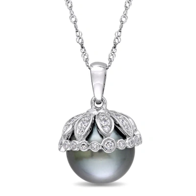 Amour 9 - 9.5 Mm Black Tahitian Pearl And 1/4 Ct Tw Diamond Drop Pendant With Chain In 14k White Gol