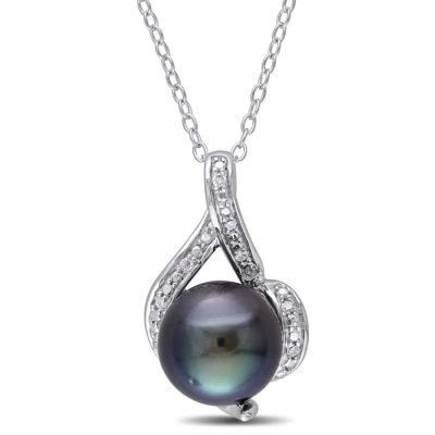 Amour 9 - 9.5 Mm Black Tahitian Pearl And Diamond Curlicue Pendant With Chain In Sterling Silver In White