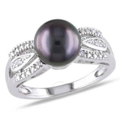 Amour 9 - 9.5 Mm Black Tahitian Pearl And Diamond Split Shank Ring In Sterling Silver In White