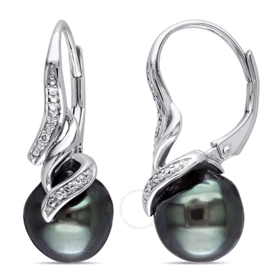 Amour 9 - 9.5 Mm Black Tahitian Pearl And Diamond Twist Leverback Drop Earrings In Sterling Silver In Black / Silver / White