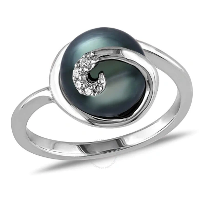 Amour 9 - 9.5 Mm Black Tahitian Pearl Swirl Ring In Sterling Silver In White