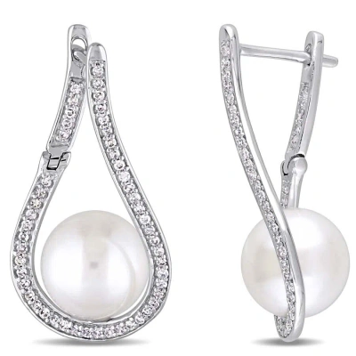 Amour 9 - 9.5 Mm Cultured Freshwater Pearl And 1/3 Ct Tw Diamond Tear Drop Earrings In 14k White Gol In White Gold