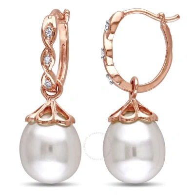 Amour 9 - 9.5 Mm Freshwater Cultured Pearl And Diamond Accent Infinity Hoop Earrings In 10k Rose Gol In Pink