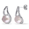 AMOUR AMOUR 9 - 9.5 MM PINK CULTURED FRESHWATER PEARL EARRINGS WITH DIAMONDS IN STERLING SILVER