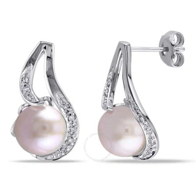 Amour 9 - 9.5 Mm Pink Cultured Freshwater Pearl Earrings With Diamonds In Sterling Silver In Ink / Pink / Silver