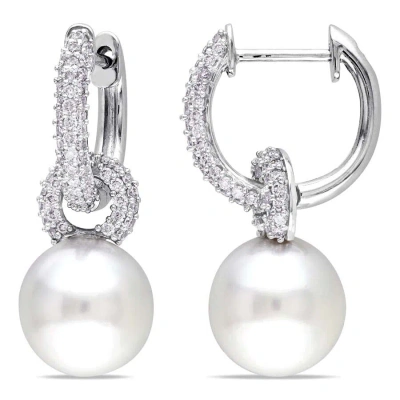 Amour 9 - 9.5 Mm South Sea Cultured Pearl And 1/2 Ct Tw Diamond Hinged Hoop Link Earrings In 14k Whi In Gold / White