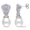 AMOUR AMOUR 9 - 9.5 MM WHITE CULTURED FRESHWATER PEARL EARRINGS WITH CREATED WHITE SAPPHIRE IN STERLING SI