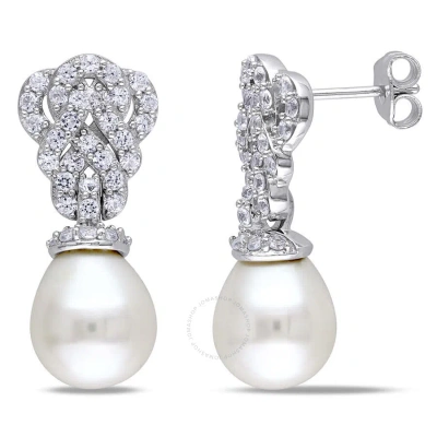 Amour 9 - 9.5 Mm White Cultured Freshwater Pearl Earrings With Created White Sapphire In Sterling Si