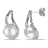 AMOUR AMOUR 9 - 9.5 MM WHITE CULTURED FRESHWATER PEARL EARRINGS WITH DIAMONDS IN STERLING SILVER