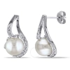 Amour 9 - 9.5 Mm White Cultured Freshwater Pearl Earrings With Diamonds In Sterling Silver In Silver