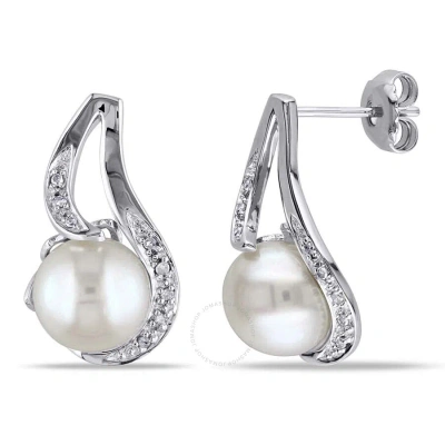 Amour 9 - 9.5 Mm White Cultured Freshwater Pearl Earrings With Diamonds In Sterling Silver