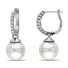 AMOUR AMOUR 9 - 9.5 MM WHITE CULTURED FRESHWATER PEARL EARRINGS WITH DIAMONDS IN STERLING SILVER