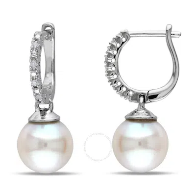 Amour 9 - 9.5 Mm White Cultured Freshwater Pearl Earrings With Diamonds In Sterling Silver