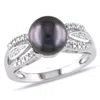 AMOUR AMOUR 9 - 9.5 MM BLACK TAHITIAN PEARL AND DIAMOND SPLIT SHANK RING IN STERLING SILVER
